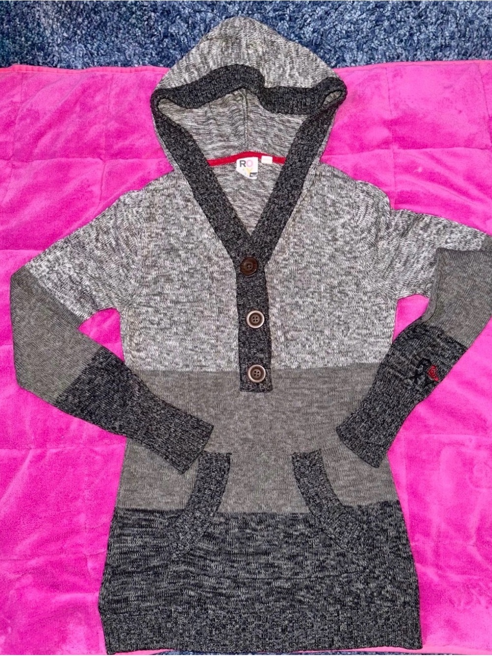 Roxy Gray and Red Knit Hooded Cardigan